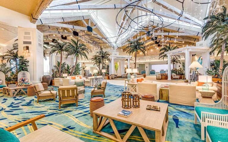 island themed lobby with atrium and seating at margaritaville resort orlando kissimmee