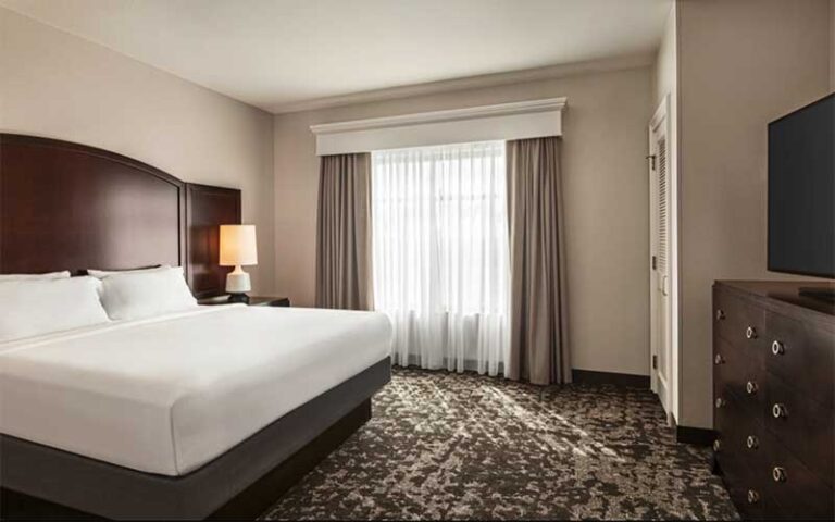 king size bed suite at embassy suites by hilton orlando lake buena vista south kissimmee