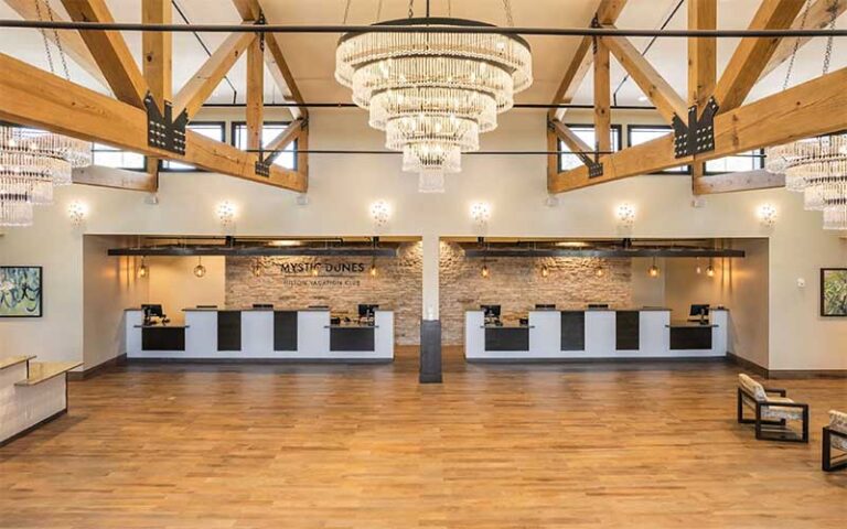 lobby with timbers and chandelier under atrium at hilton vacation club mystic dunes orlando celebration