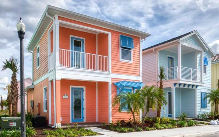 multi colored townhome villas in neighborhood area at margaritaville resort orlando kissimmee