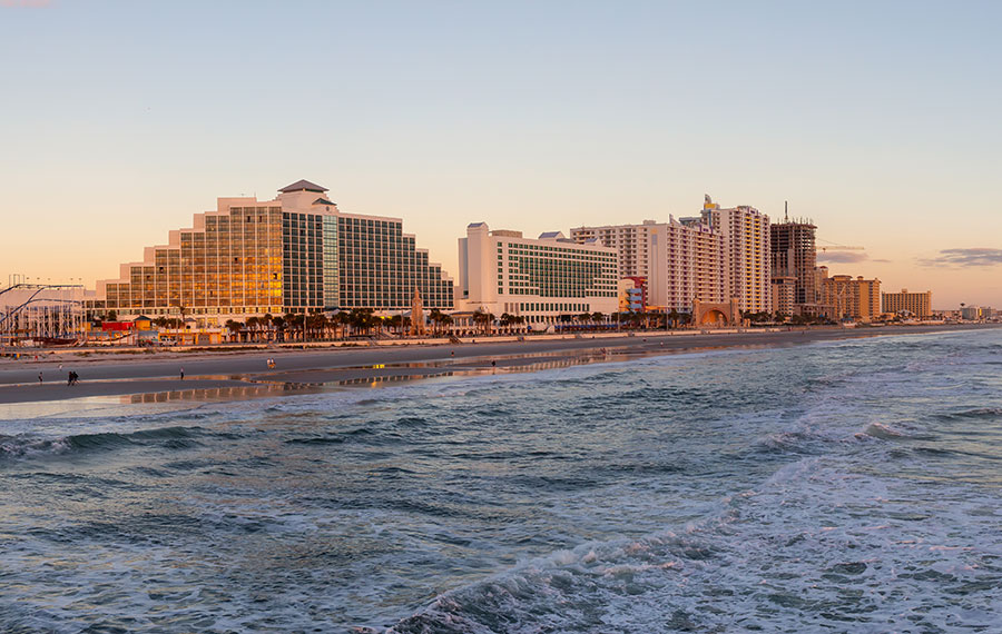 panoramic view of hotel resorts along daytona beach