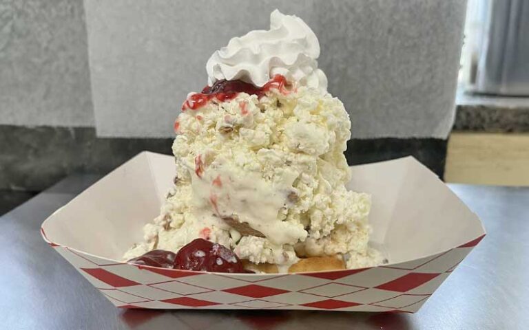 parfait ice cream with popcorn topping in tray on counter at abracadabra ice cream factory kissimmee