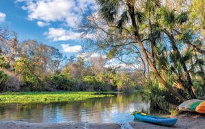 river with dense foliage and landing with kayaks at wekiwa springs adventures orlando