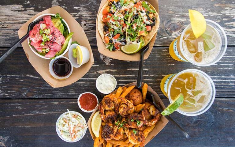 shrimp and ahi tacos and salads with drinks at timotis seafood shak fernandina beach amelia island