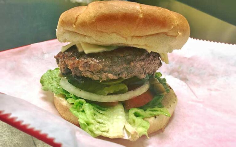 stacked deluxe burger on paper at abracadabra ice cream factory kissimmee