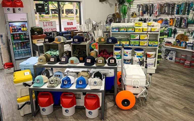 store interior with fishing hats nets coolers and snacks at amelia island bait tackle fernandina beach