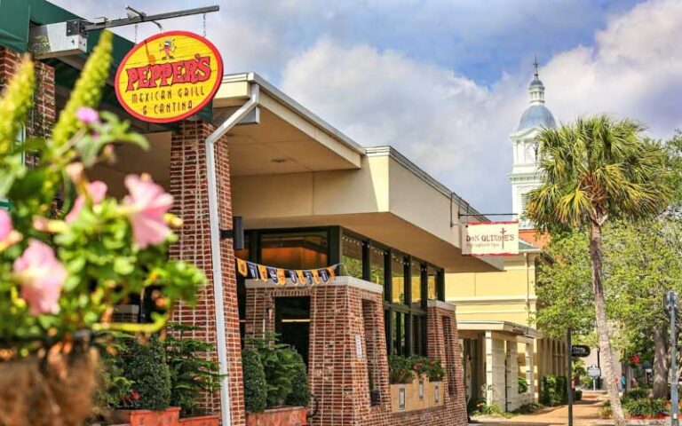 street view along sidewalk of restaurant with sign at peppers cocina mexicana tequila bar fernandina beach