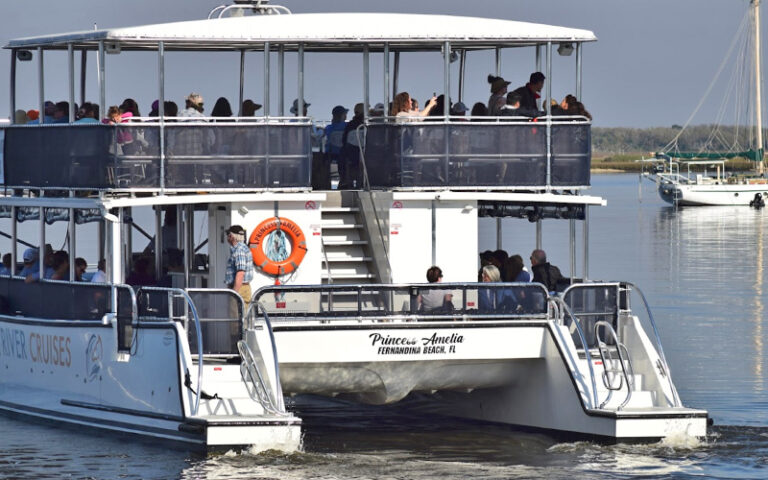 tour boat with riders rear view moving away at amelia river cruises charters fernandina beach