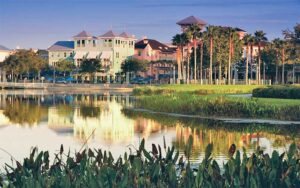 town center viewed from across lake with reflection at celebration town center kissimmee