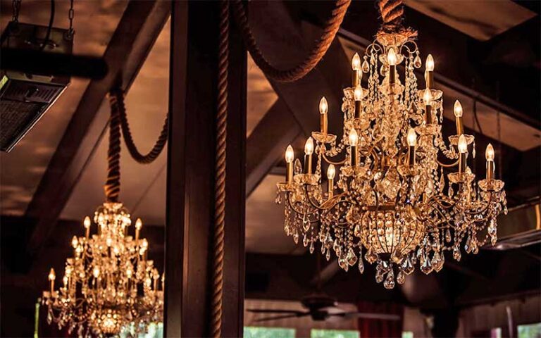 vaulted ceiling with rope mounted chandeliers at table 23 tallahassee