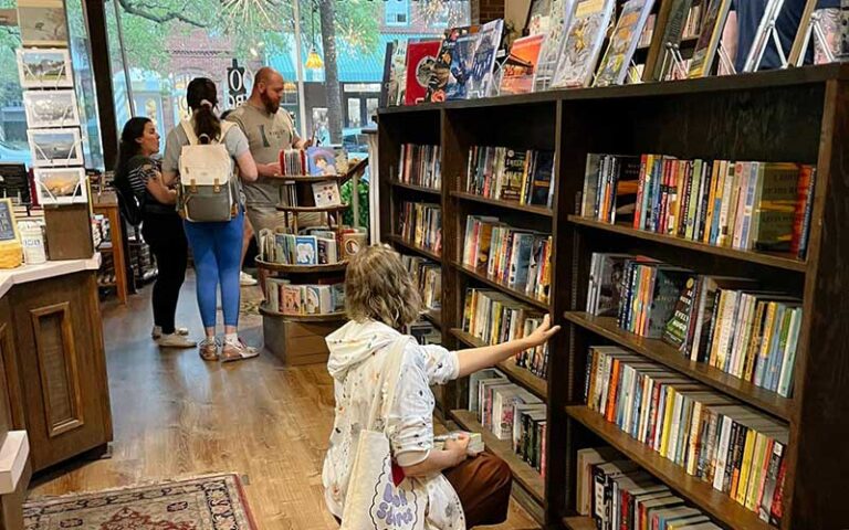 woman searching for book with shelves at the book loft fernandina beach amelia island