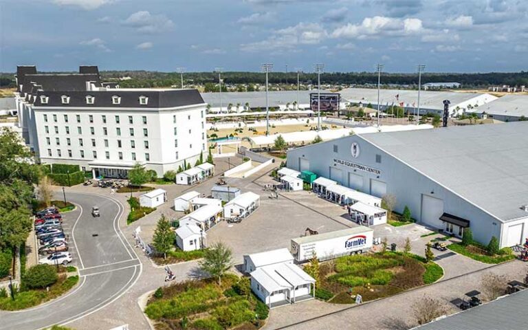 aerial from side of hotel and arenas at world equestrian center ocala