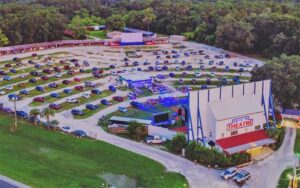 aerial view of drive in theater with cars at ocala drive in