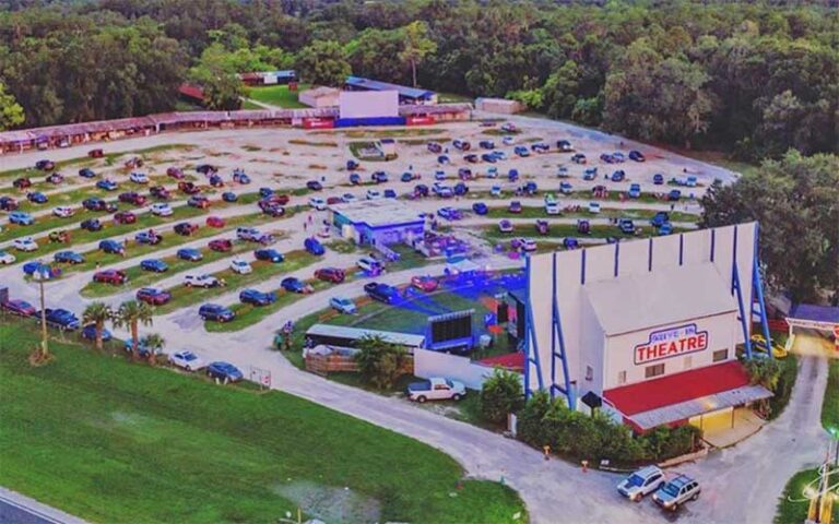 aerial view of drive in theater with cars at ocala drive in