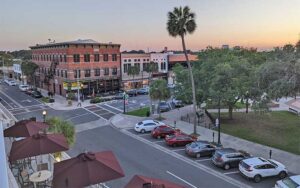 aerial view of street corner with restaurant and square at historic downtown ocala