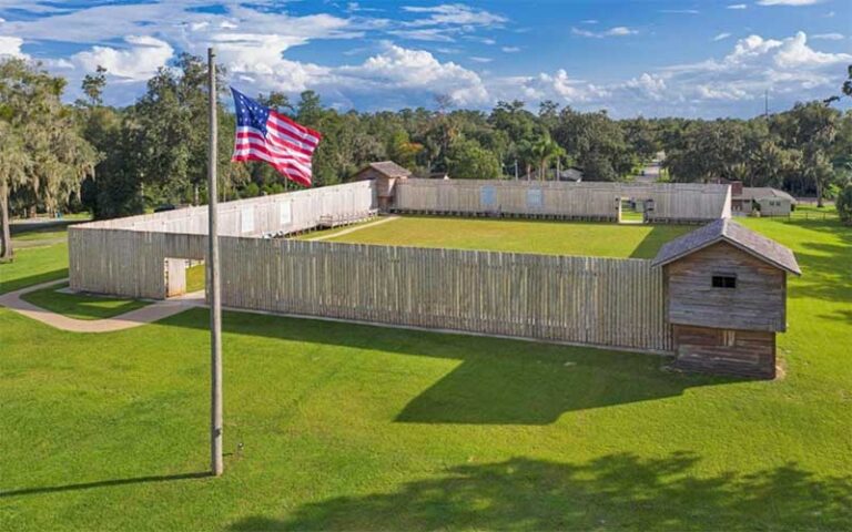 aerial view of wooden fort with flag at fort king national historic landmark ocala