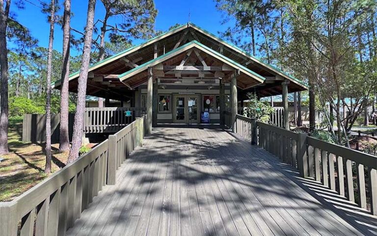 boardwalk leading to entrance of vera carter environmental center wooden building at tibet butler nature preserve orlando