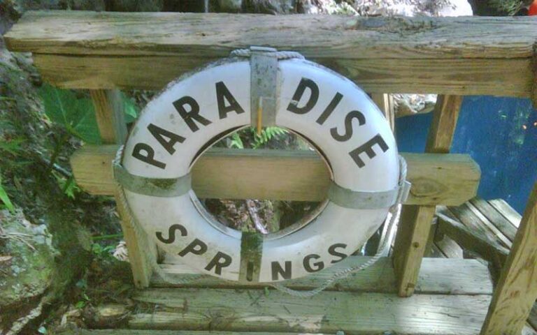 branded life preserver ring hanging on dive dock at paradise springs ocala