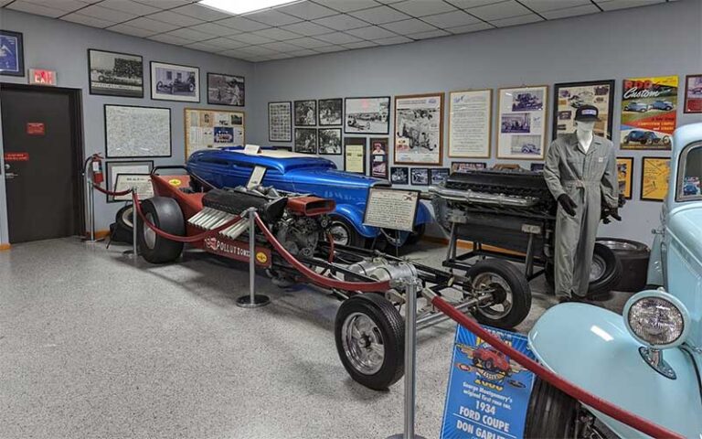 display room with vintage cars at don garlits museum of drag racing ocala