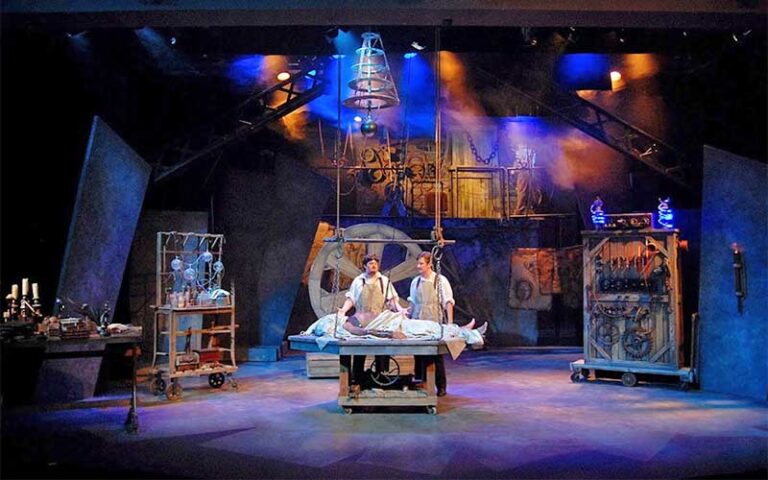 frankenstein lab scene on stage at theatre tallahassee