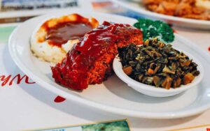 meatloaf with mash and collard greens at wolfys restaurant ocala