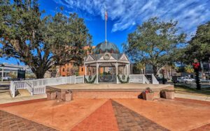 plaza with bricked star pattern and gazebo with stage platform at ocala downtown square