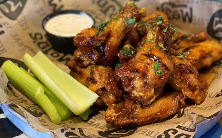 spicy wings with celery and bleu cheese dressing at mojos ocala