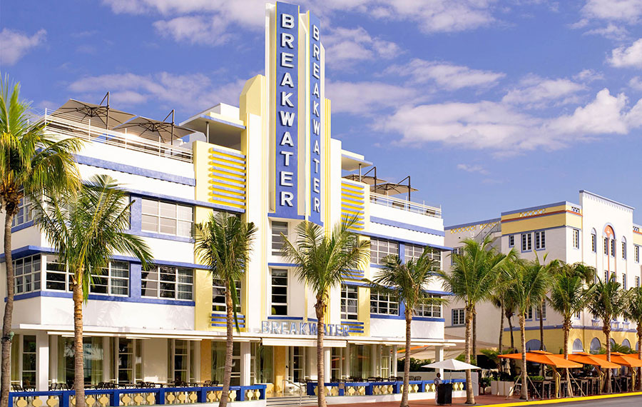 view from ocean drive of breakwater hotel art deco district miami