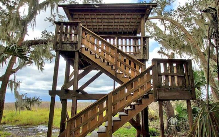 wooden observation tower with two flights of stairs at lake jesup conservation area sanford orlando