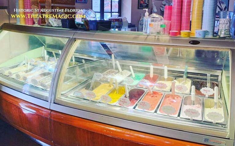 counter case with dozens of ice cream varieties and cups at theatre magic st augustine