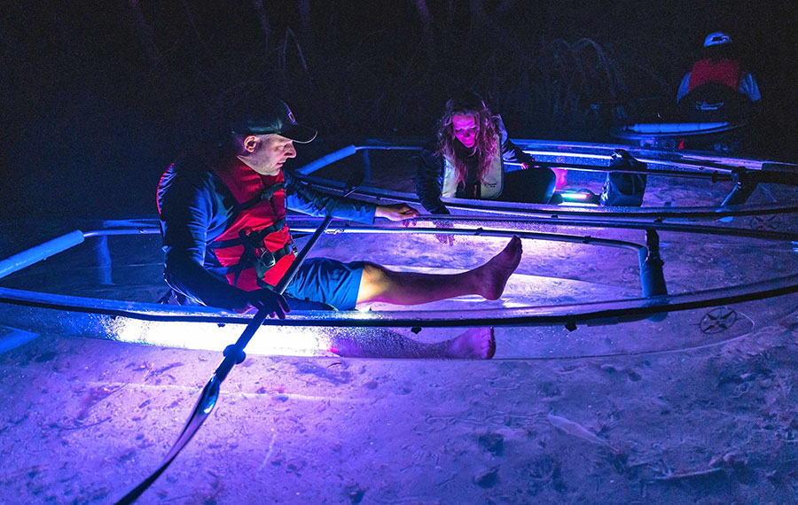 couple in clear kayaks at night with light glow looking along bottom of bay get up and go kayaking shell key preserve tampa