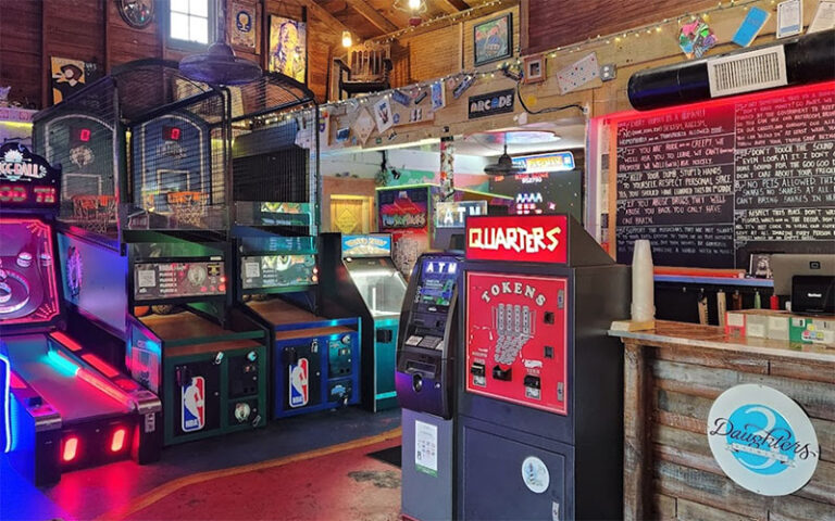 gallery of arcade games in tavern area with wooden vaulted ceilings at sarbez st augustine