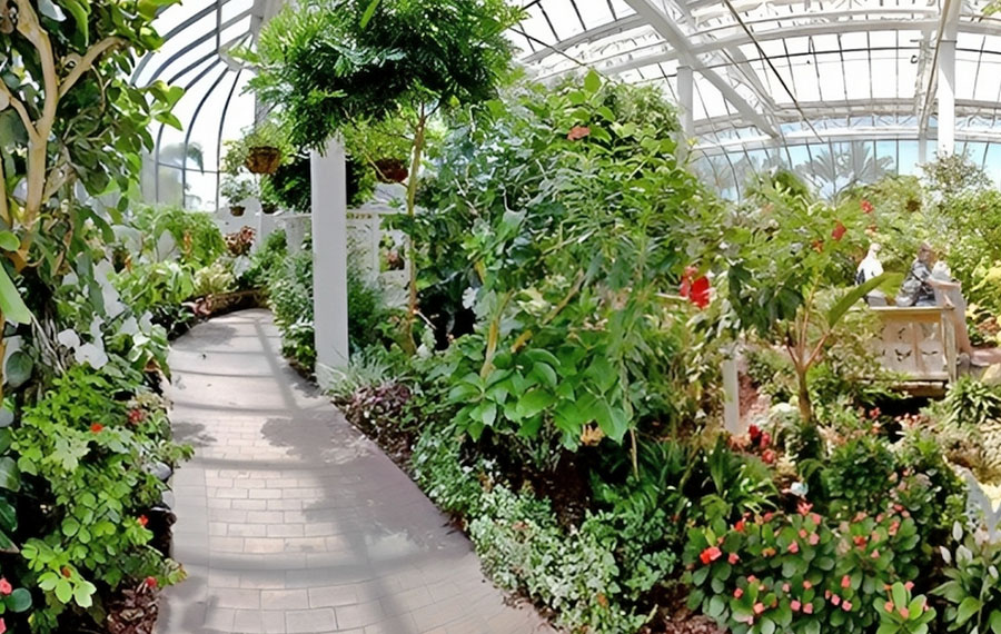 garden greenhouse with tropical plants bridge water feature and pathway key west butterfly nature conservatory