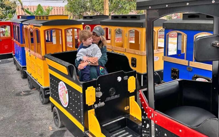 mom and kid on train ride at the girls strawberry u pick delray beach