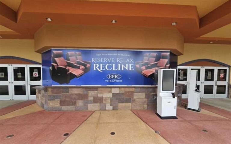 movie theater entrance with recliner sign at epic theatres of st augustine