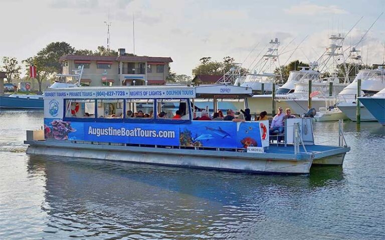 pontoon style boat in marina at florida water tours st augustine