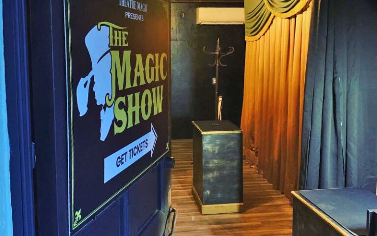 theater entrance with sign and selfie station at theatre magic st augustine