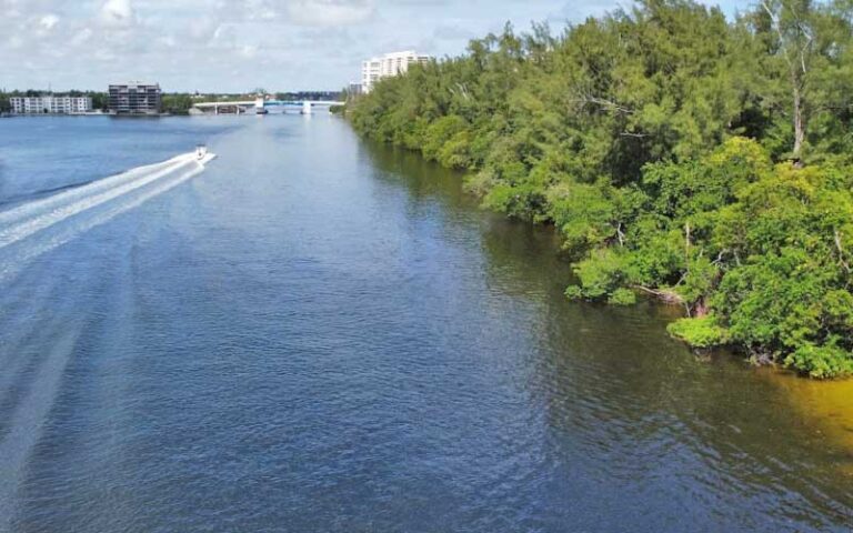 aerial view of inlet with boat and dense trees at spanish river park boca raton