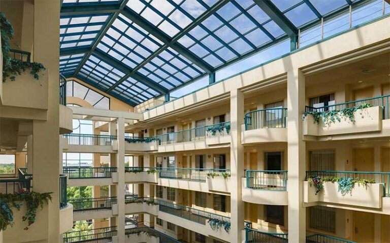 balcony view of atrium with multi level suite floors at hilton boca raton suites