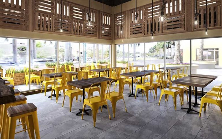 dining room area with yellow chairs and wooden valances at ramen lab eatery delray beach