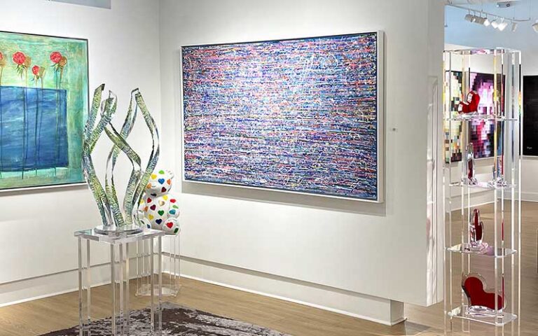 glass sculpture and wall art in exhibits at blue gallery delray beach