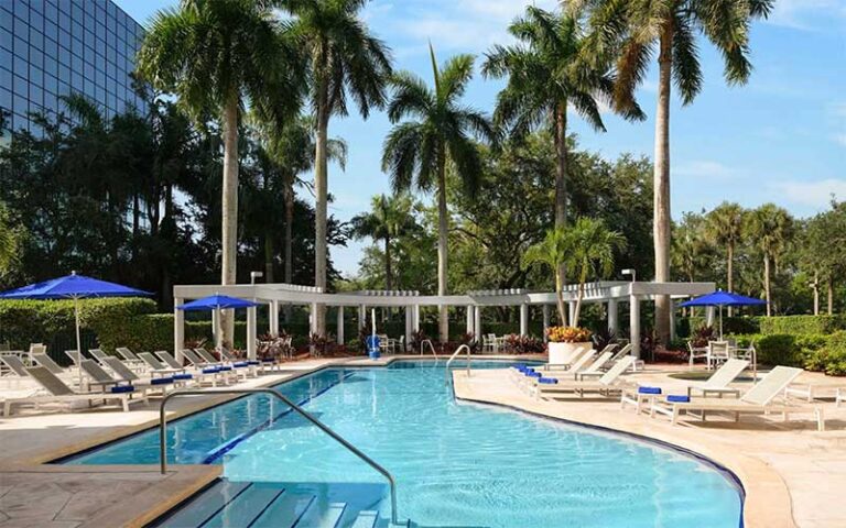 outdoor pool deck with trees and cabanas at hilton boca raton suites