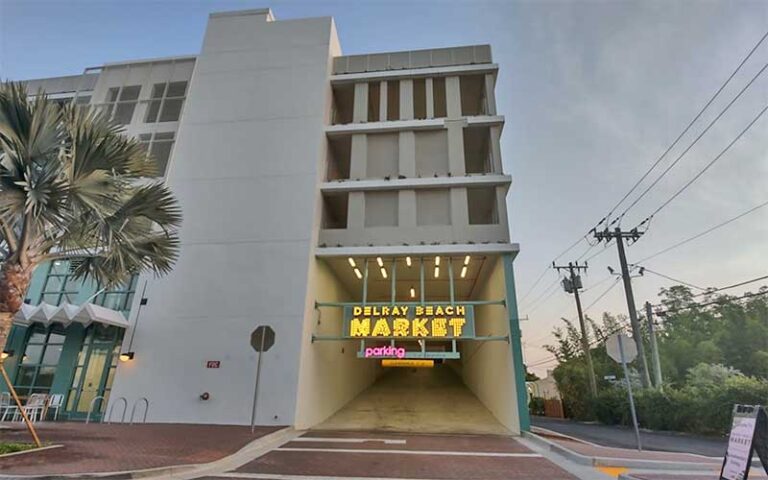 parking garage with sign at corner entrance at delray beach greenmarket