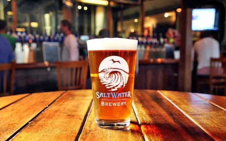 pint glass of beer on table in bar at saltwater brewery delray beach