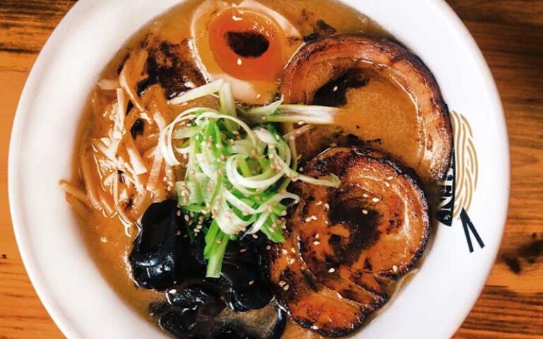 view of noodle bowl with meat and egg at ramen lab eatery delray beach