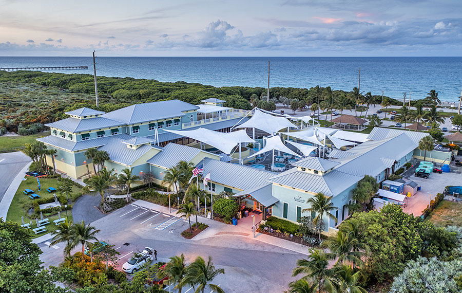 aerial view of marine research buildings along beach at loggerhead marinelife center juno beach