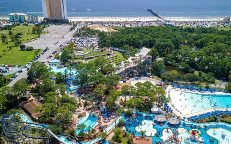 aerial view of water park with beach nearby at shipwreck island waterpark panama city beach