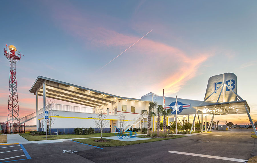 airport main building with unique design plane and twilight sky at fernandina beach municipal airport amelia island