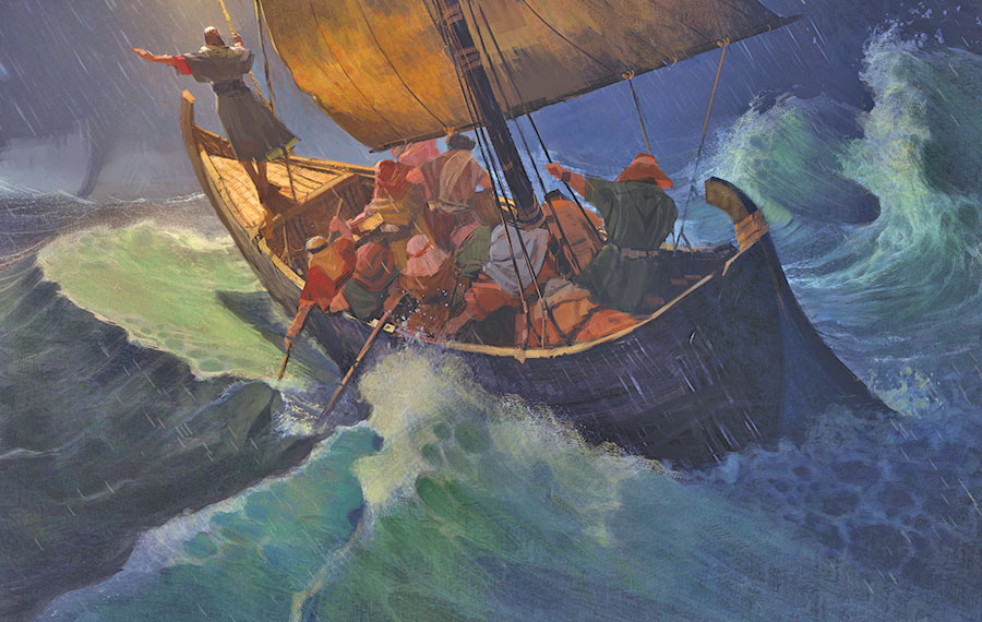 animated illustration of biblical characters on ship in storm for jesus film project orlando