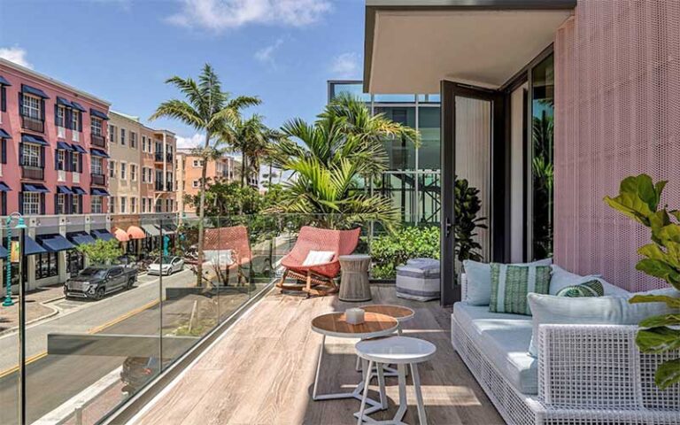 balcony with modern accents overlooking downtown streets at the ray hotel delray beach